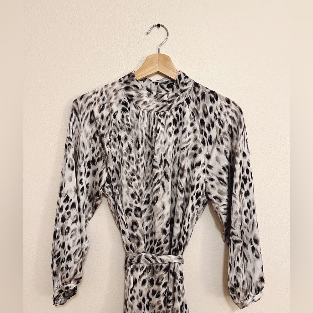 Ann Taylor Snow Leopard Print Tie Waist Midi Dress